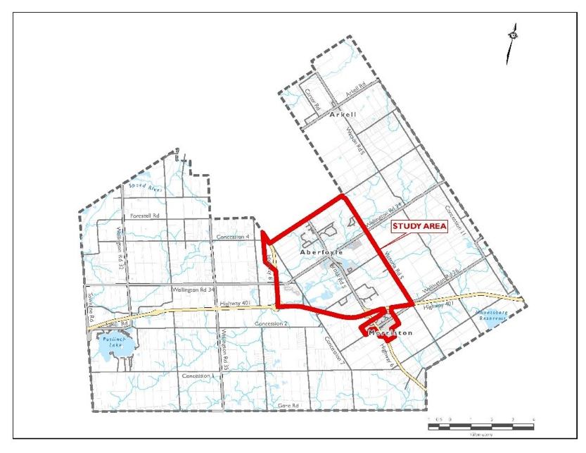 A map of key areas in the Township of Puslinch to be considered in the Feasibility Study for municipal servicing