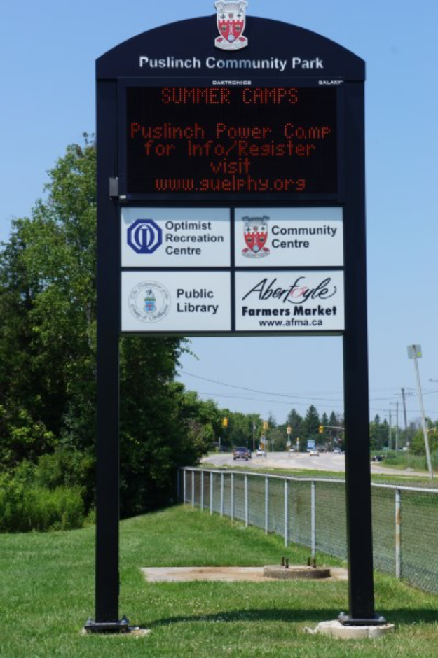 A photo of the outdoor marquee sign by the Puslinch Community Center