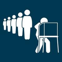 Graphic for the "For Voters" page.  Graphic depicts person at voting booth with line of people behind them.