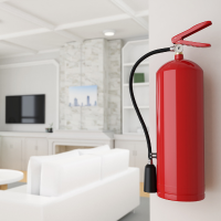 A fire extinguisher posted on a wall. 