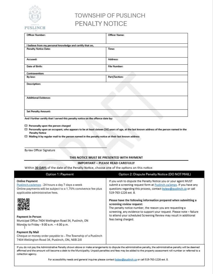 Example of a Township of Puslinch Administrative Monetary Penalty Notice.