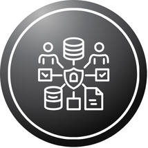 Black circular icon showing two people connected through a central database and linked records, representing data management, information sharing, digital services, records administration, or connected municipal systems.