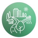 Green circular icon depicting a rural and urban landscape with buildings, trees, a farmhouse, agricultural fields, a road, and a large leaf in the foreground, symbolizing sustainable community development and the connection between urban growth and agriculture.