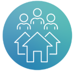 Blue circular icon showing three people standing above three house outlines, representing housing, residential communities, neighbourhoods, or population growth within a community.