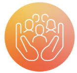 Orange-to-pink gradient circular icon showing four people gathered within two open hands, representing community support, inclusion, social well-being, care, and connection among residents.