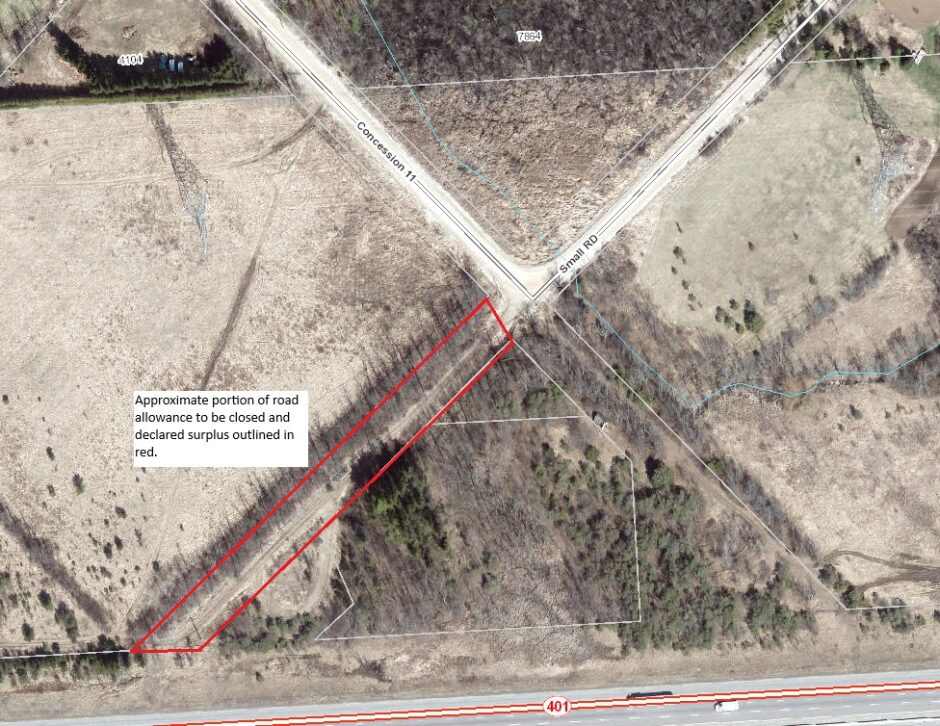 Approximate portion of road allowance to be closed and declared surplus outlined in red. 